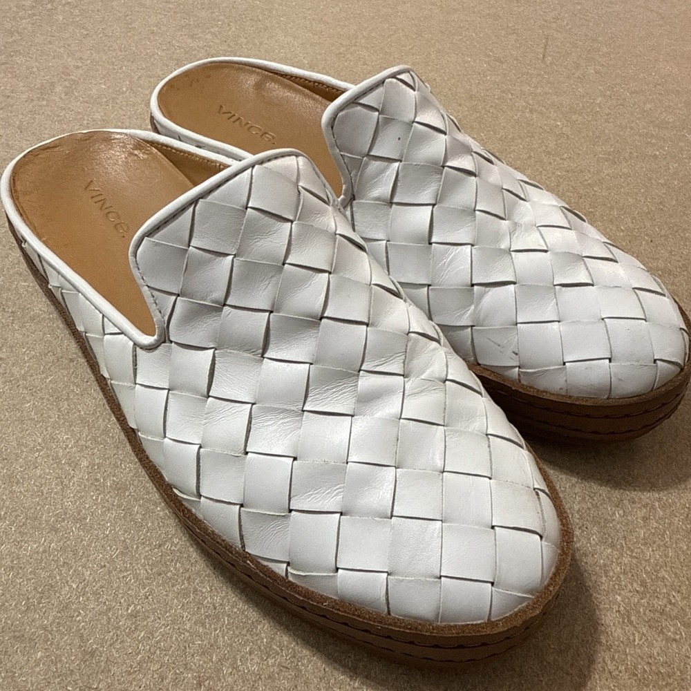 Vince Womens Mules Woven Detail Cushioned Slip On Flats Solid White Size 7 Shoes